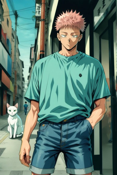 1boy, male focus, itadori yuuji, jujutsu kaisen , (90s anime style:1.5), front view, outdoors, street view, (looking down:1.3), perfecteyes, shirt, denim shorts, (a single white cat sitting next to them) <lora:detailed_notrigger:1> <lora:ParchartXL_CODA:0.2> <lora:Isometric Cutaway:1> <lora:PerfectEyesXL:1> <lora:Surreal Harmony:0.2>