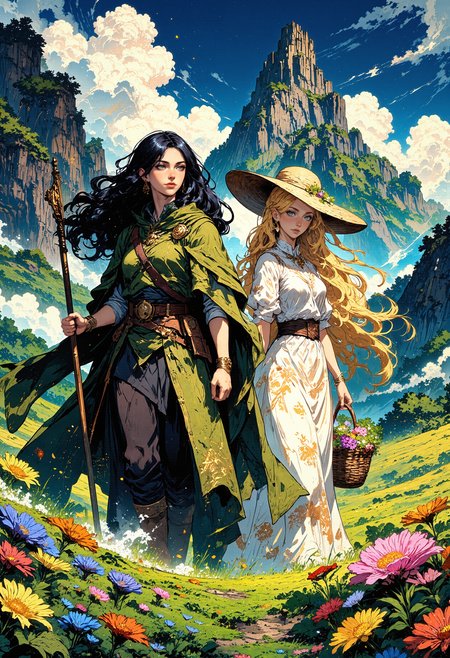 Comic book style A breathtaking and dynamic scene inspired by classical works of art,two women in a lush,mountainous field,the woman on the left has dark hair,wears a green cape,and carries a staff,her small scarf partially revealed,the woman on the right has blonde hair,wearing a white patterned dress and a wide-brimmed hat,holding a basket of flowers,the background features towering mountains and a bright blue sky,the scene filled with vibrant flowers and a mystical,serene atmosphere,detailed and rich in color,    <lora:chargen-celshading-lora_v2_dev:0.8> in the style of chargen_stylised_illustration image of, <lora:Comic book V2:0.6> Comic book style, <lora:animemixx_rank16_bf16:0.6> <lora:flux.1_lora_flyway_Epic-Characters_v1:0.43> <lora:Dreamy_Illustrations_FLUX_LoRA-000001:0.33>