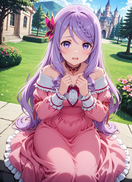 source_anime BREAK prefect lighting,very aesthetic,prefect hands,best quality,
intricate details,highly detailed background,(masterpiece:0.9),high quality,lustrous_skin,skindentation,(zPDXL3),
ultra delicate hair,
face_detail,
skin_detail,<lora:cfg_scale_boost>,
lustrous_skin,skindentation,
shiny skin,
<lora:seirei_gensouki_-_flora_beltrum_il:0.7>,flora_beltrum,very_long_hair,purple_hair,swept_bangs,braided_bangs,hair_ornament,purple_eyes,
choker,bow,pink_dress,off-shoulder_dress,frills,
masterpiece,best quality,ultra-detailed,Best-A,Medium-B,Low-C,Bad-D,cute,light_blush,dynamic_angle,
looking at viewer,sitting,scared,in summer,castle,park,flowers meadows,open mouth,