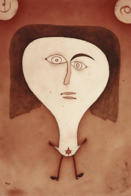 paulklee1 painting.
An abstract portrait of a person with a large, oval-shaped head, a smooth, rounded face, and a tiny body. <lora:paulklee1_cap_d8a4e6:1.0><lora:838867169719755791:0>