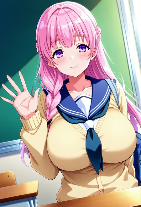 general,highres, ultra-detailed,very aesthetic,best quality ,best hands,best eyes,easynegative,
dynamic anglre, dutch angle, anime cloring,
1girl solo,looking at viewer,school,indoors,smile,waving hand,
Yuki himeno,pink_hair, braid, purple eyes,huge_breasts,long hair,school uniform,