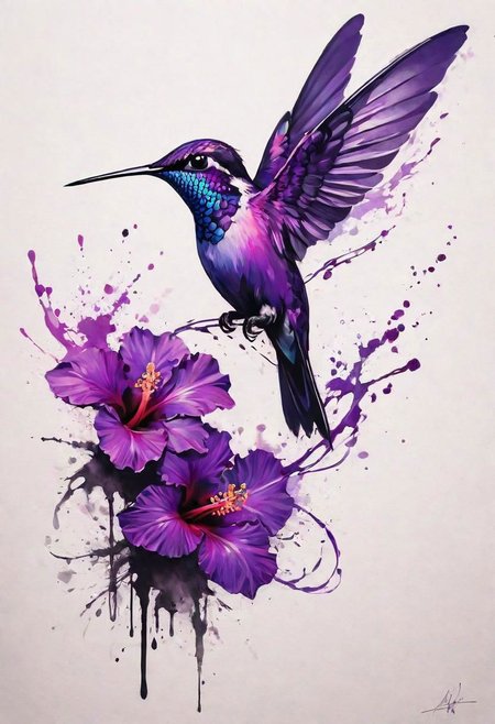 style inspiration Art by Jim Mahfood, Henry Asensio, Vector Create a tattoo with an exquisite ink design on white paper that makes the perfect multi-exposure piece of art. This piece was designed to combine the dimensional hue of purple hibiscus with the hyper-realistic style of a hummingbird. Tattoo, Minimal Solid Letterhead, Dark Fantasy, Poster, Photography, Painting. Vivid, Fashion, Wildlife Photography, Concept Art,
