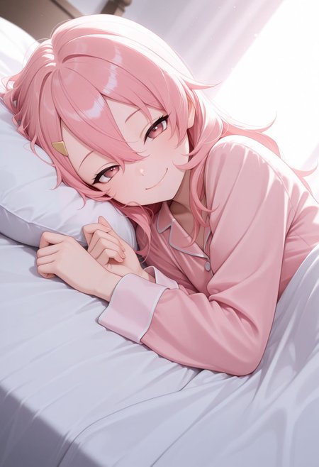 masterpiece,best quality,absurdres,highres,very aesthetic,high quality,detailed,insanely detailed,beautiful,perfect lighting, looking at viewer,
 , <lora:Benisumomo  illu:1> 1girl, long hair, pink hair, hair ornament, hairclip, hair between eyes, lying, in bed, on side, pink pajamas, sleeping, smiling, , closed mouth, in bed-sheets,