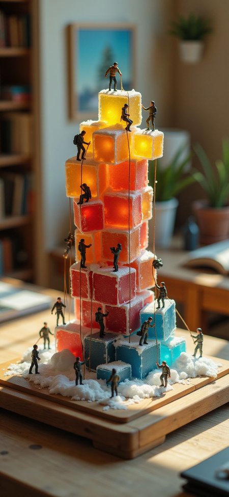 (indoors,indoor,isometric view,side view,tilt-shift lens:2), (fna_style,miniature,miniature,diorama,miniature,diorama,PVC,plastic:2),sunset,winter giant (randomly multi stack up,multi layer of candy cubic vertical:2.5)  is located center, people are climbing with ropes, (in wooden square plate:3) (on table at study:3) <lora:Fantasy_Novel_Art_Style:1> <lora:Rostpunk:0.3>