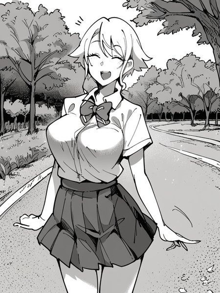 score_9, score_8_up, score_7_up,  
1girl, monochrome, Kawase kon, white hair, short hair, closed eyes, large breasts, 


standing, outdoors, road, tree, solo, grass, smile, open mouth, looking at viewer, school uniform, white shirt, short sleeves, bowtie, pleated skirt, 