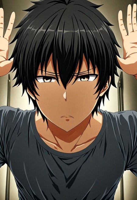 high resolution, solo, best quality, 1Boy, Seiya Kanie, black hair, short hair, kabedon POV, T-Shirt, OverallDetail