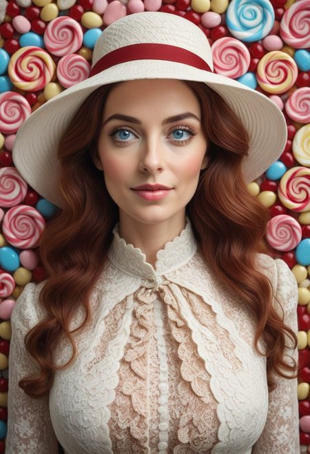 Realism_Quality_2xx_By_Stable_Yogi, 1girl, 30 years old, long wavy hair, blue eyes, natural eyes, gentle smile, close up, eyes focus, candy, (candy wall:1.8), fully dressed, closed dress, high collar dress, Victorian dress, Victorian style, Victorian age, valentine, harts, Mature female, blond hair, red clothes. white sun hat, (candy background:2.8), Cindy_Pyrosa, (massive breasts:2.4).