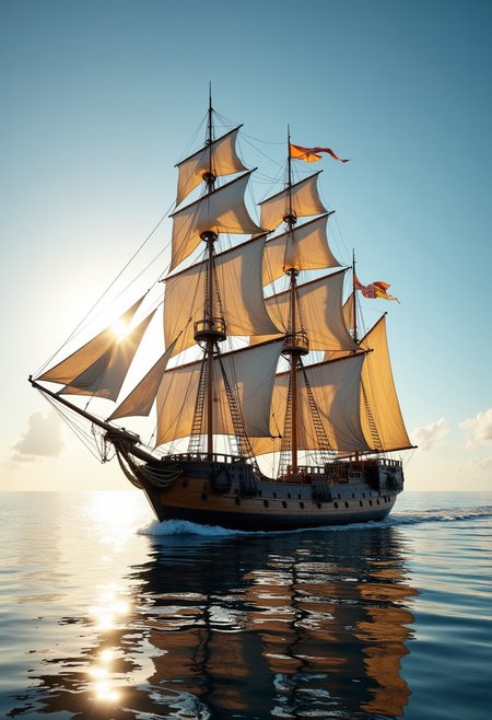 aidmaimageupgrader, a high quality digital image of an age of sail era intricately detailed warship, the ship is sailing somewhere in the caribbean with the sun shining in a cloudless sky, the water is still and glasslike reflecting the scene perfectly