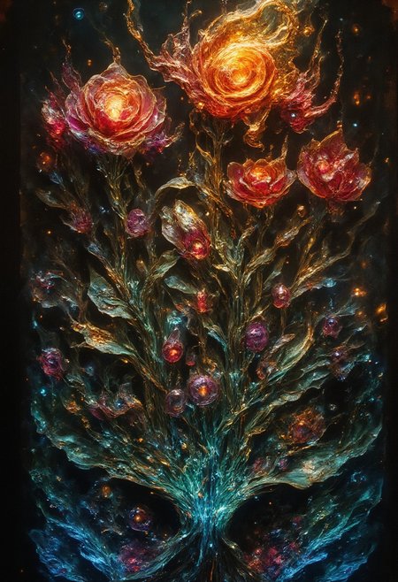 Ultra-realistic 8K resolution, Octane render, Unreal Engine 5 masterpiece, dark academia aesthetic, enchanted glass terrarium containing: two hybrid heliotrope-roses with translucent ruby gemstone petals (vitreous refraction), metallic obsidian stems (bioluminescent vascular system), liquid mercury dewdrops suspended mid-fall, spiral cerulean nebula core emitting plasma tendrils, fractured amber glass veins pulsing with trapped starlight, quantum foam escaping through dimensional cracks, non-Euclidean spacetime geometry, vantablack void background with gravitational lensing distortion, chrono-crystalline lattice framework, volumetric photon mapping event horizon glow, subsurface scattering in petal nanostructures, temporal anomaly causing timeline overlaps, hyperdetailed microbiology under gemstone epidermis, gothic biodigitalpunk style blending Zdzisław Beksiński and Ernst Haeckel, photorealistic macro photography meets celestial cartography, trending on ArtStation --ar 16:9 --v 6.0 --no cartoonish, flat colors, symmetry, human elements