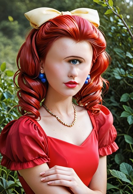 score_9, score_8_up, score_7_up, score_6_up, <lora:PMJessebelle_epoch_7:0.8>, PMJessebelle, blue eyes, red hair, drill hair, yellow bow, hair bow, earrings, lipstick, pink lips,
pearl necklace, red dress, shoulder pads,
leaning forward, serious, looking at viewer, facing viewer, hand on own knee, cowboy shot, 
BREAK day, sunlight, outdoors,
gorgeous lips, cinematic, (masterpiece), (best quality), (ultra-detailed), very aesthetic, illustration, perfect composition, intricate details, absurdres, (realistic, ultrarealistic, masterpiece, intricate:1.3), (best quality, hires textures, high detail:1.2), (4k), (incredibly detailed:1.4), (masterpiece, best quality:1.2), cyclopsgirl, thinmonobrow, masterpiece,best quality,