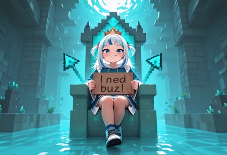 masterpiece, best quality, amazing quality, very aesthetic, high resolution, ultra-detailed, absurdres, newest, detailed eyes,minecraft filter,
BREAK,
need_buzz, holding sign, gawr gura, atlantis, throne, crown, smirk