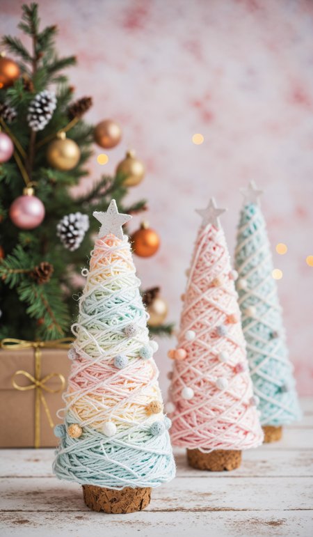 Christmas craft background with handmade yarn cone xmas trees in pastel colors. Bokeh, depth of field.  <lora:d\EnvyZoomSliderXL01:-2>