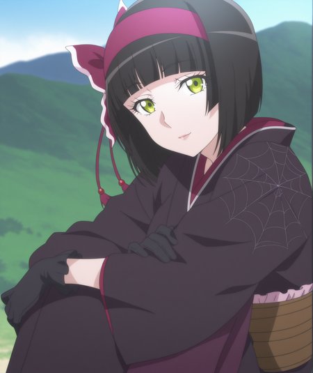 official art, absurdres, highres, anime coloring, hi res, best quality, masterpiece, 2d, intricate details, 4k,
1girl, solo, female, eyelashes, nose, short hair, bangs, green eyes, yellow eyes, black hair, blunt bangs, bob cut,
hairband, red hairband, pink hairband, bow, ribbon, hair ribbon, hair bow, red bow, 
gloves, black gloves, japanese clothes, kimono, sash, obi, black kimono, spider web print,
cowboy shot, looking at viewer, sitting, arms on knees, 
depth of field, outdoors, sunlight, mountain, mountainous horizon, <lora:Mio_(Character)_ILXL:1>, mio \(tsuki ga michibiku isekai douchuu\), tsuki ga michibiku isekai douchuu,