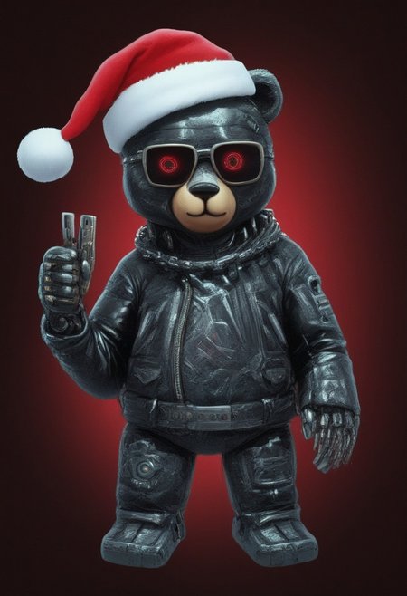 xmastedx, cyberpunk cyborg christmas bears, thumb up, highly detailed, sunglasses, cyberpunk santa hat,  AtompunkSDXL