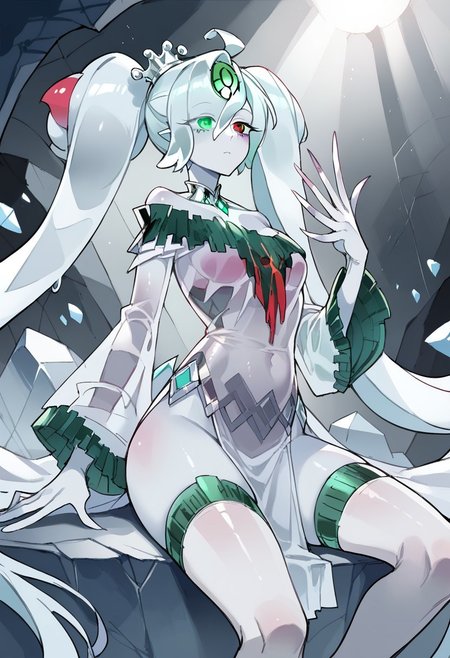 score_9, score_8_up, score_7_up, source_anime, verybadimagenegative_v1.3, easynegative, perfect lighting, ExpressiveH. rating_safe
BREAK 
((ygoaegirine), (colored skin, grey skin, slime girl, (transparent:1.2), transparent body, transparent face),  short hair, huge twintails, long twintails, crystal hair, translucent hair, hair over eye, crown, hair ornaments, forehead jewel, heterochromia, green eye, red eye). 
<lora:Icejade_Gymir_Aegirine-000009:0.9>
BREAK 
(detailed face:1.3), beautiful face, teardrop breasts, (small breasts:1.2), thin body, navel, perfect hands, long fingers, tall.
BREAK 
1girl, solo, (expressionless), empty eyes, (choker, dress, off-shoulder dress, wide sleeves, detached sleeves, transparent, lowleg leotard, waist cape, pelvic curtain, transparent thighhighs, toeless legwear, transparent loose-fit legwarmers). sitting, from side, from below, looking at viewer, cave, ice prison, dark, low light, darkness, shadows, very dark, dark background, glowing water, dramatic lighting,