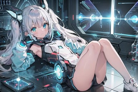 (masterpiece), (science fiction:1.4), 1girl, lying on the back on a mirror, lying on the back on a mirror, lying on the back on a mirror, smile, silver hair, aqua eyes, headgear, long sleeves, detached sleeves, glowing energy clothing, light particles, energy particles, perfect hands, perfect legs