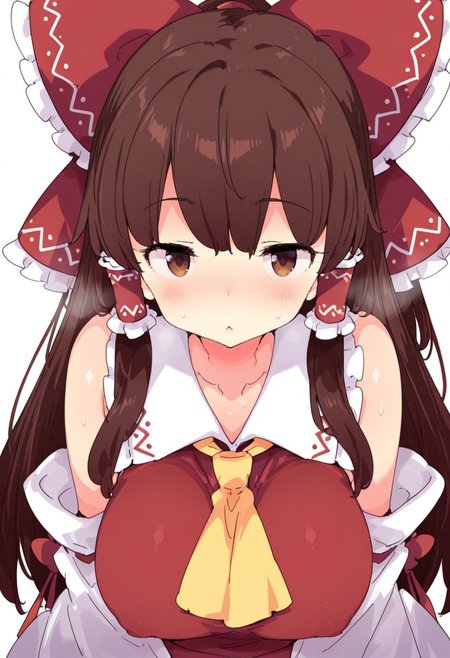 1girl, solo, hakurei reimu, 1girl, solo, brown eyes, brown hair, long hair, sidelocks, hair bow, hair tubes, frilled bow, yellow ascot, red shirt, ribbon-trimmed detached wide sleeves, large breasts, petenshi \(dr. vermilion\), steam, smell, steaming body, looking at viewer, upper body, simple background, white background, masterpiece, best quality, very aesthetic, absurdres