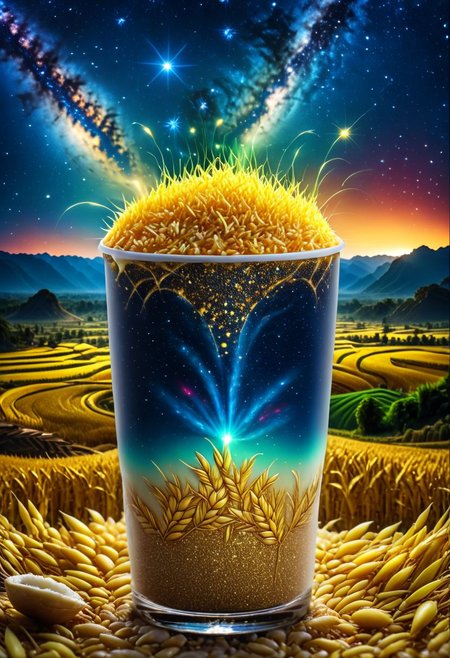 (((best quality))), (((ultra detailed))), (((masterpiece))), illustration, a cup, blue starry sky, golden rice fields, golden rice ears, many tiny and colorful luminous particles, illuminated by the Milky Way, dreamy atmosphere, high details, complex details, ultra wide viewing angle, panoramic photography, UHD, 8K