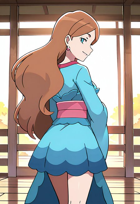masterpiece, best quality, 1girl, solo, looking at viewer, smile,   zzLinnea, blue eyes, brown hair, long hair, earrings,  blue kimono, sash,  , <lora:LinneaPokemon_IXL_v2:1.0>, profile view, long legs, relaxed pose, cowboy shot, smile,