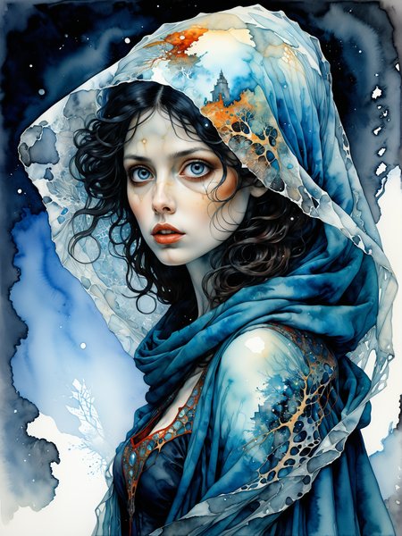lady of the winter, sexy and mysterious silhouette, billowing  transparent veil, watercolor painting by Zdzislaw Beksinski and George Buckett, inspired by Egon Schiele and Gustav Klimt, Carne Griffiths and Agnes Cecile,  fantasy concept art, artistic photorealism, smooth, Steve McCurry style, great masterwork by head of prompt engineering, amazing depth  <lora:hyperkraximalism_v1-1:0.27>