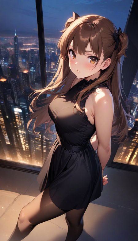 (masterpiece),(best quality),(ultra-detailed),(best illustration),(best shadow),(absurdres),(detailed background),(very aesthetic), rina_ogata, 1girl, breasts, dress, brown eyes, brown hair, two side up, solo, black dress, long hair, armpits, pantyhose, jacket, hands behind back, full body, night city background, looking at viewer<lora:XL-RinaOgata:1>