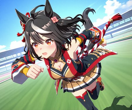 masterpiece, best quality, amazing quality, , 1girl, solo,  umamusume, racetrack, running,  <lora:Kitasan Black in game style 3D:1> ummsmingame, 3d, kitasan black \(umamusume\)
