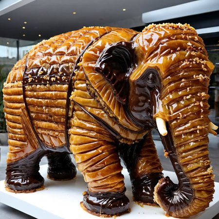 huge elephant made of baklava, chocolate_baklava,