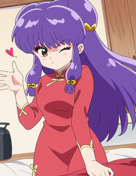 score_9, score_8_up, score_7_up, source_anime, <lora:shampoo-s1-ponyxl-lora-nochekaiser:1>, shampoo, shampoo (ranma 1/2), long hair, hair ornament, red eyes, purple hair, hair bun, double bun, medium breasts, anime screencap,, dress, chinese clothes, china dress, red dress, long sleeves,, kitchen, cooking, apron, cutting vegetables, home cooking, smile, <lora:blowing-kiss-ponyxl-lora-nochekaiser:1>, blowing kiss, pucked lips, heart, one eye closed, o3o, hand up, bed room, bed, blush, cowboy shot, dutch angle,, looking at viewer, solo,, dutch angle, cowboy shot