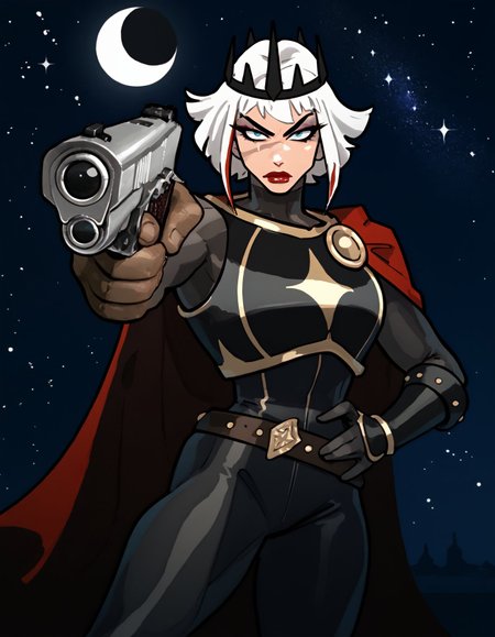 score_9, score_8_up, score_7_up, score_6_up BREAK, holding weapon, handgun, holding gun, aiming at viewer, revolver, finger on trigger, 1girl, solo, bimbo, short hair, white hair, multicolored hair, makeup, scar, crown, armor, gloves, bracers, belt, bodysuit, cape, thick thighs, moon, sky, nebula <lora:add-detail-xl:0.3> <lora:Ulfger_PDXL:0.7> <lora:HandPointingAGunMeme_XLPD:0.8> <lora:officialpit_v2-8:1>