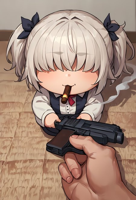 score_9, score_8_up, score_7_up, BREAK
godoacrime, 1girl, white hair, messy hair, hair covering eyes, hair over eyes, twintails, :3, chibi, pov, hand, holding gun, smoking cigar, cigarette, holding cigar, smoke <lora:GoDoACrime DoRA PDXL:1>