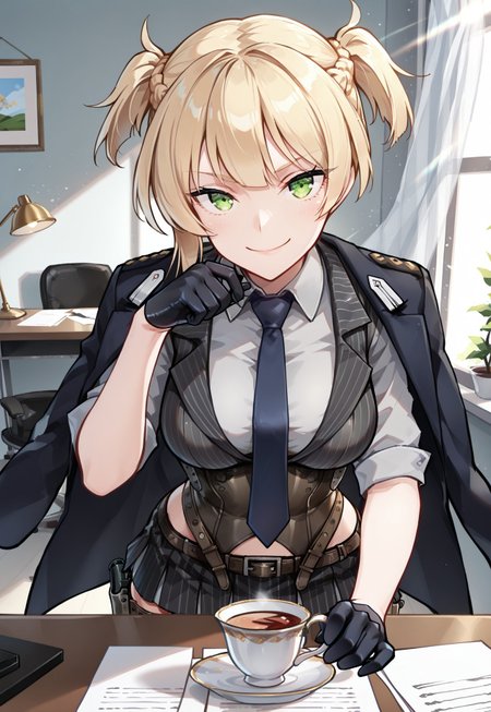 masterpiece, best quality, amazing quality, very aesthetic, absurdres, upper body, pov across table, indoors, office, chair, desk, desk lamp, papers, morning, sunlight, dynamic pose, BREAK 1girl, solo, Welrod, welbase, necktie, corset, skirt, pinstripe pattern, gloves, thigh holsters, jacket, jacket on shoulders, beautiful face, highly detailed faces and eyes, dynamic pose, standing, dynamic angle, smile, teacup, looking at viewer, offering drink