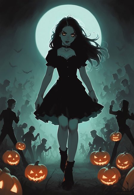score_9, score_8_up, score_7_up, 1 girl, zombie, dead, evil spirits, dancing, long hair, midnight, green fog, halloween, dramatic lighting, backlight, pumpkins, crowd scene, rating_safe