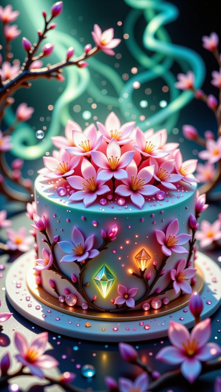 reij-ccnt, accent details, A breathtaking macro photograph of a luxurious, delicately decorated cake adorned with intricate cherry blossoms and sparkling gems, set against a background of mist in crystal tones: emerald green, sapphire blue, and amethyst purple. The soft mist swirls around the cake made of crystalz, casting a magical, ethereal glow on each blossom and gem. The intricate petals of the cherry blossoms appear almost translucent, with dewdrops reflecting the vibrant mist, creating a scene of pure elegance and whimsy., Jedjv1 <lora:JedJourney:0.5>, crystalz  <lora:ral-crystalz:0.5>, Jed-ppct, papercutstyle <lora:flux-papercut:0.2>,  <lora:accent4FLUX-000005:0.5>, aidmaimageupgrader <lora:aidmaImageUpgrader:0.4>,