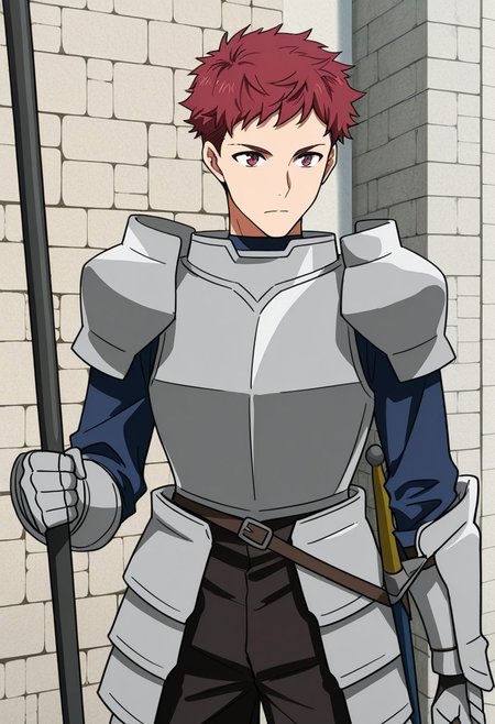 score_9, score_8_up, score_7_up, score_6_up, score_5_up, score_4_up, high quality, (detailed eyes:1.5), (detailed face), ((perfect face)), master piece, best high quality, ultra details, intricate details, male focus, detailed body, detailed background, perfect anatomy, masterpiece, high quality, best quality, amazing quality, very aesthetic, absurdres, Aruku Gardel, Red Hair, Red Eyes, Knight, armor, holding polearm, polearm, castle gate