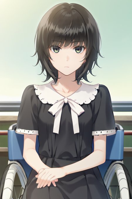 score_9, score_8_up, score_7_up, source_anime, rating_safe, intricate details, anime screencap, official style, 1girl, solo, <lora:Yaegaki_Erika:1>, erika, black hair, dark eyes, medium hair, black dress, frilled collar, short sleeves, white ribbon, looking at viewer, expressionless, cowboy shot, sitting on wheelchair, frown