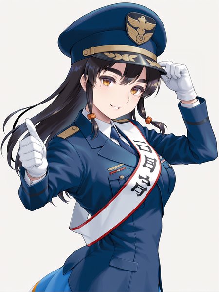 masterpiece,best quality,newest,1girl,solo,
<lora:mao2_ilxl_v1.2:1>,mao2,m_hat,m_clothes,white gloves,blue jacket,mole under eye,
<lora:Fixhands_anime_bdsqlsz_V1:1>,looking_at_viewer,white_background,simple_background,profile,parted lips,seductive_smile,hand on headwear,cowboy_shot,
