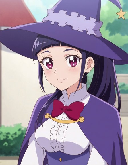 score_9, score_8_up, score_7_up, anime screencap, solo,1girl,izayoirikomd,monocle,purple capelet, witch hat,smile,  looking at viewer, purple skirt, bowtie, white shirt, black pantyhose,red bowtie, long sleeves, center frills,cowboy shot,large breasts,blush,high ponytail<lora:izayoirikomd:0.8>