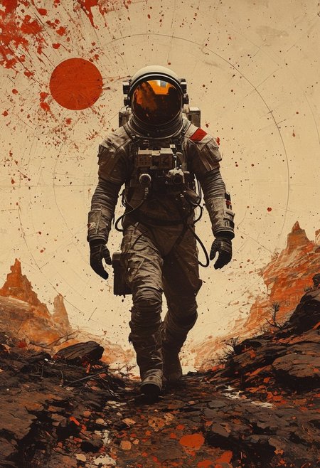 photo of astronaut walking in a old village in the background (in the style of Frank Frazetta painting) Dean Cornwell, design, 1970s, Russian Constructivist style, double exposure, volumetric lighting, expressive, ancient starchart, ink spattered background, warm colors, space, art deco, splatter, Japanese Woodblock print, planar rectilinear shapes, extreme energy, dynamic posing, Dutch angle, black, Crimson<lora:xl_more_art-full_v1:0.3>
