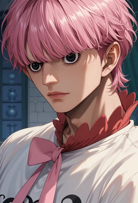score_9, score_8_up, score_7_up, source_anime, rating_safe, PeronaOP, [[black Perona eyes]], pink Perona short hair, 1boy, male focus, mature male, solo focus,