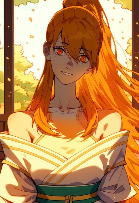 (score_9, score_8_up, score_7_up),
xiaoninger, 1girl, ponytail, long hair, orange hair, bangs, orange eyes, bare shoulder, breasts, collarbone, hair between eyes, white dress, kimono, sash, two tones dress, masterpiece, best quality, green pastures, head tilt, looking at viewer, facing viewer, dynamic angle, golden light,light particles, cowboy shot, smile, putting hair behind ear