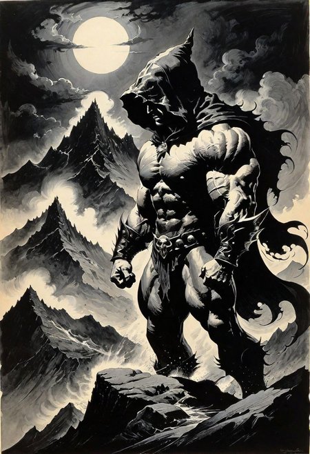 highly detailed ink drawing in the style of Frank Frazetta. A formidable muscular figure shrouded in a dark hood, <holding up the severed head of a centaur:1,2>, jagged mountains rise ominously, silhouetted against a tempestuous, roiling sky.