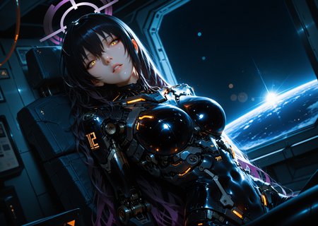 cyborg 1girl, angular, science fiction, futuristic, scenery, (karin \(blue archive\):1.0), sitting in space station, parted lips, mechanical torso, looking at viewer, black hair, yellow eyes, hair between eyes, dark skin, long hair, purple halo, creative angle, head tilt, (dutch angle, dynamic pose:0.9) BREAK masterpiece, best quality, absurdres, HDR, 8K, high contrast, film grain, cinematic lighting, realistic, depth of field, bokeh, neon trim, newest, aidmafluxpro1.1 <lora:- iLL - the_edgy_mech_V3.0:0.4> <lora:aidmaFLuxPro1.1-IL-v0.3:0.2> <lora:Hyper Helmets SDXL v1.0:0.5> <lora:CyborgMechExosuit_v1.5:0.7> <lora:ck-Sci-Fi-Concepts-IL-000015:0.15>âââ