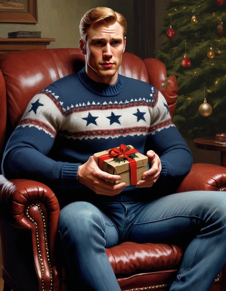 Steve Rogers wearing a warm sweater and old jeans, sitting in armchair, looking (thankful:0.7) when holding a Christmas present, warm mood, classic American magazine illustration, high detail