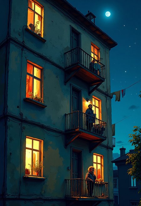 sketch, funny, humor, old apartment building at night, warm light in the windows, cozy colorful curtains, on the balcony old man smoking, hanging laundry, moon, drying underwear, stars, paint, entourage, drawing, intricate details, hyper-realistic, ultra-sharp, hyper-detailed, professional photoshoot, chiaroscuro lighting, full high scene view