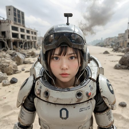 score_9,score_8_up,score_7_up, shiny oild skin, wet, sweat, looking at viewer, 
MKrieger, science fiction,  grey sand, regolith, craters, smoke on horizon,mecha, robot,action, kow_yokoyama, (SAFS), pilot_inside, fully_open_hatch, 1girl, exotic face, short hair,  helmet, upper body, city ruin, rubble, 
 <lora:Maschinen_Krieger_Pony:0.75>