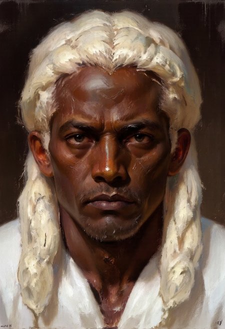 Dark-Fantasy-Cardd-V.2.0 style dark fantasy oil painting with detailed eyes that features a dark skinned, african man with white dreadlocks in dark fantasy setting, he is wearing a white robe and there is a river in the background