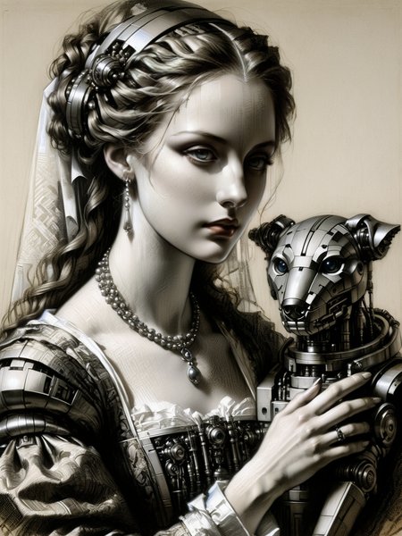 A portrait of a noblewoman in classic attire, her gaze piercing, yet her hand rests on a futuristic robotic pet that sits loyally by her side <lora:Renaissance_style:1>,<lora:EnvyBetterHiresFixXL01:0:hr=1>