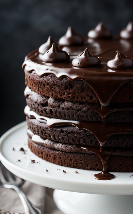 cinematic film still chocolate, chocolate cake, dark background, quality photo, moist texture, frosting, studio photo, slice . shallow depth of field, vignette, highly detailed, high budget, bokeh, cinemascope, moody, epic, gorgeous, film grain, grainy