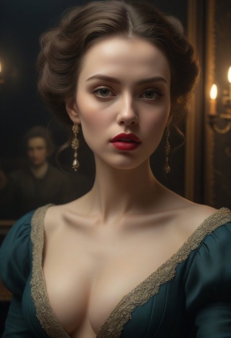 dynamic full shot, highly detailed and hyper realistic traditional painting by Anton Semenov and by Vincent Van Gogh, a mysterious female film noir diva dressed in an elegant glamorous dress with a beautiful cleavage , limited palette, unusual dark colors, atmospheric haze, highly dramatic lighting, volumetric dtx, professional, excellent composition, finest details, maximized details, ultimate detail level, masterpiece, best quality, full shot, half body selfie, multiple exposures, skindetailpxl, ffacedetailxl, eyedetailpxl
