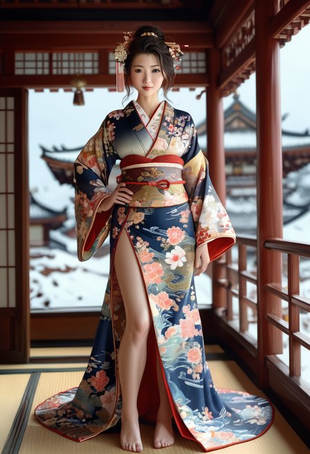 1girl, full body image, absurdres, fit body, Asian woman dressed in revealing kimono, cleavage, large breasts, center opening, open clothes,  depth of field, amazing depth, detailed lighting, detailed clothing, detailed texture, detailed armor texture, detailed pagoda,  background, detailxl   <lora:Kimono:0.8> <lora:detailed_notrigger:1>